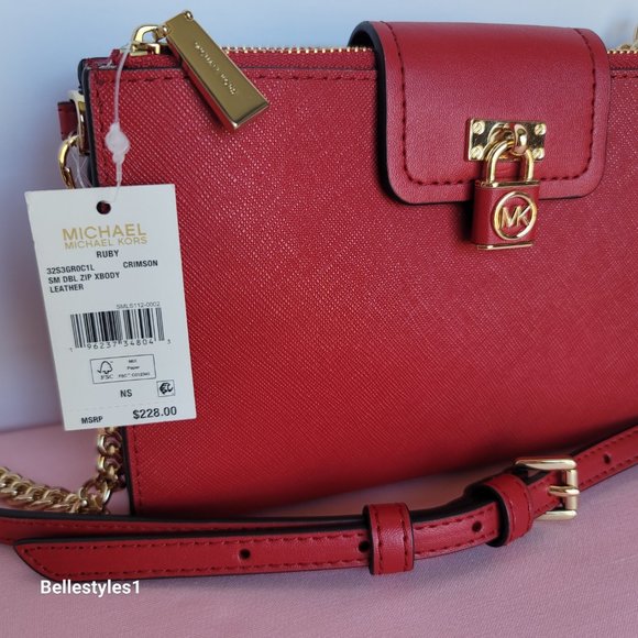 MICHAEL KORS Ruby Small Double-Zip Saffiano Leather Crossbody Bag- Crimson ⭐ - Picture 16 of 16